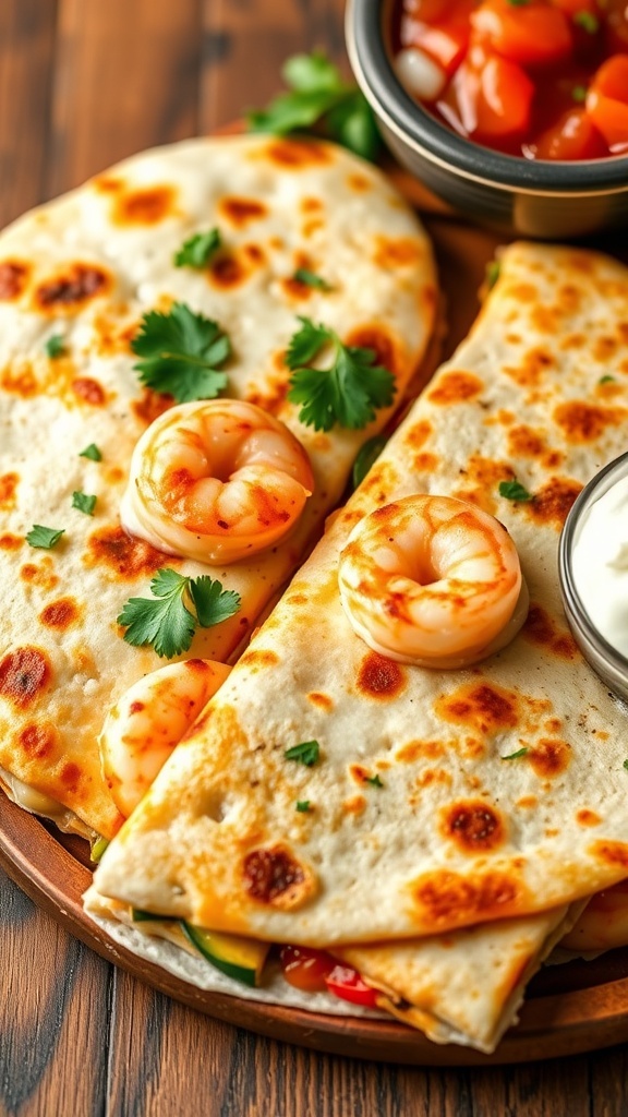 300-Calorie Shrimp Quesadilla Recipe Shrimp quesadilla cut into wedges with cheese and vegetables, garnished with cilantro and served with salsa.